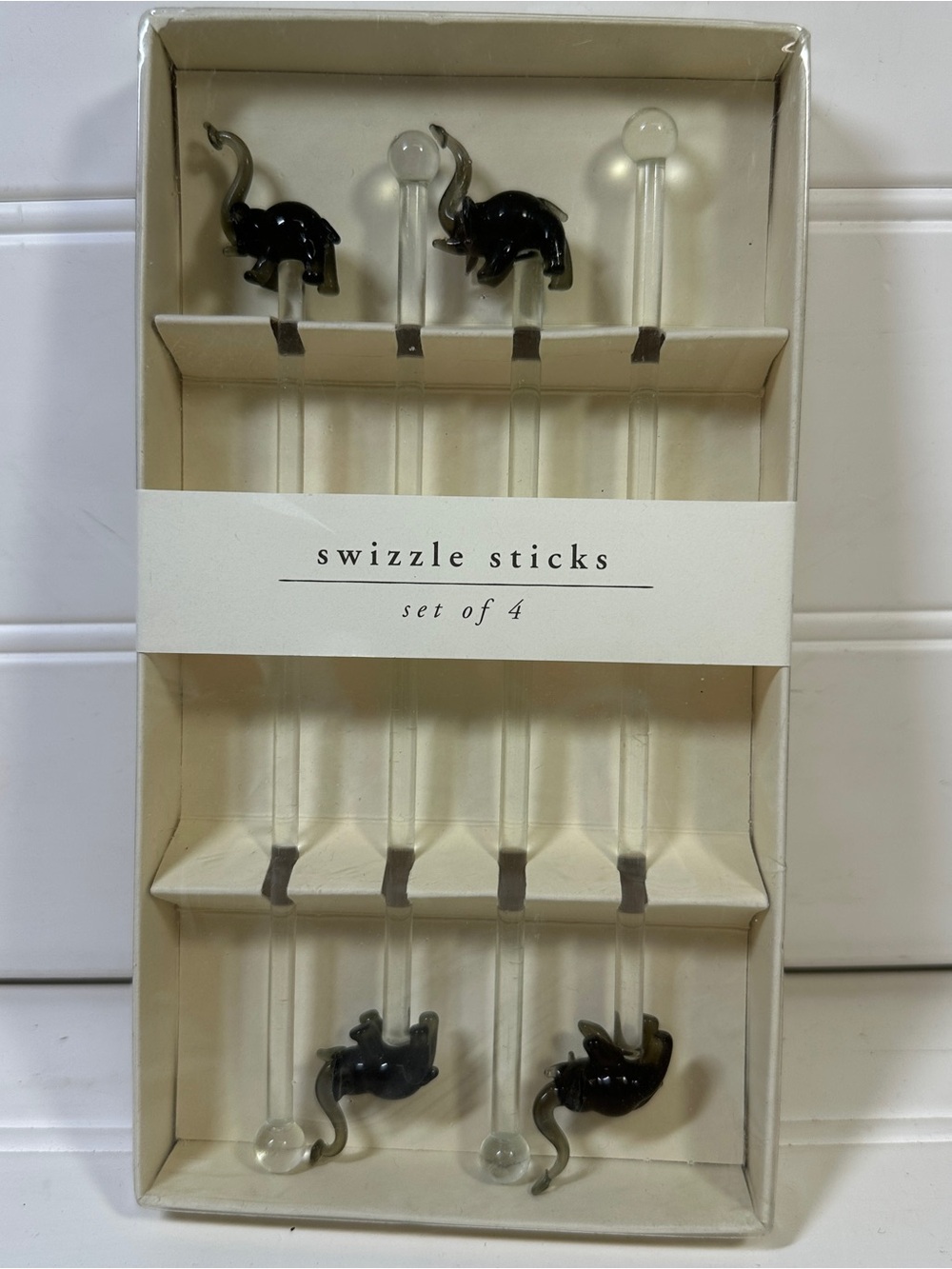 Pier 1 Glass Elephant Swizzle Sticks 1 Sets Of 4 Gray Drink Stirrers Barware